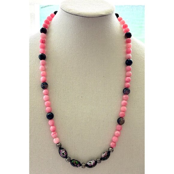 Pink & Black Beaded Necklace With Floral Cloisonné Beads & Silver Accents 14" Le - Picture 1 of 7